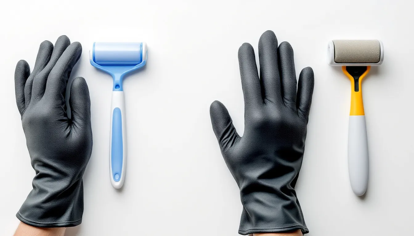 The image displays a side-by-side comparison of various pet hair removal tools, including lint rollers, rubber gloves, and pet hair catchers, all designed to efficiently remove dog hair, cat fur, and other debris from clothing and furniture. Each item showcases different methods for loosening and collecting pet hair, making it easier for pet parents to maintain a fur-free environment.
