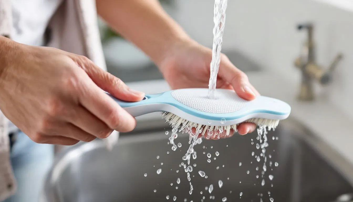 A person is cleaning a pet hair catcher under running water, using a soft brush to effectively loosen and remove pet hair, including dog and cat fur. The scene emphasizes the importance of maintaining a lint trap to keep clothes and fabrics fur-free.