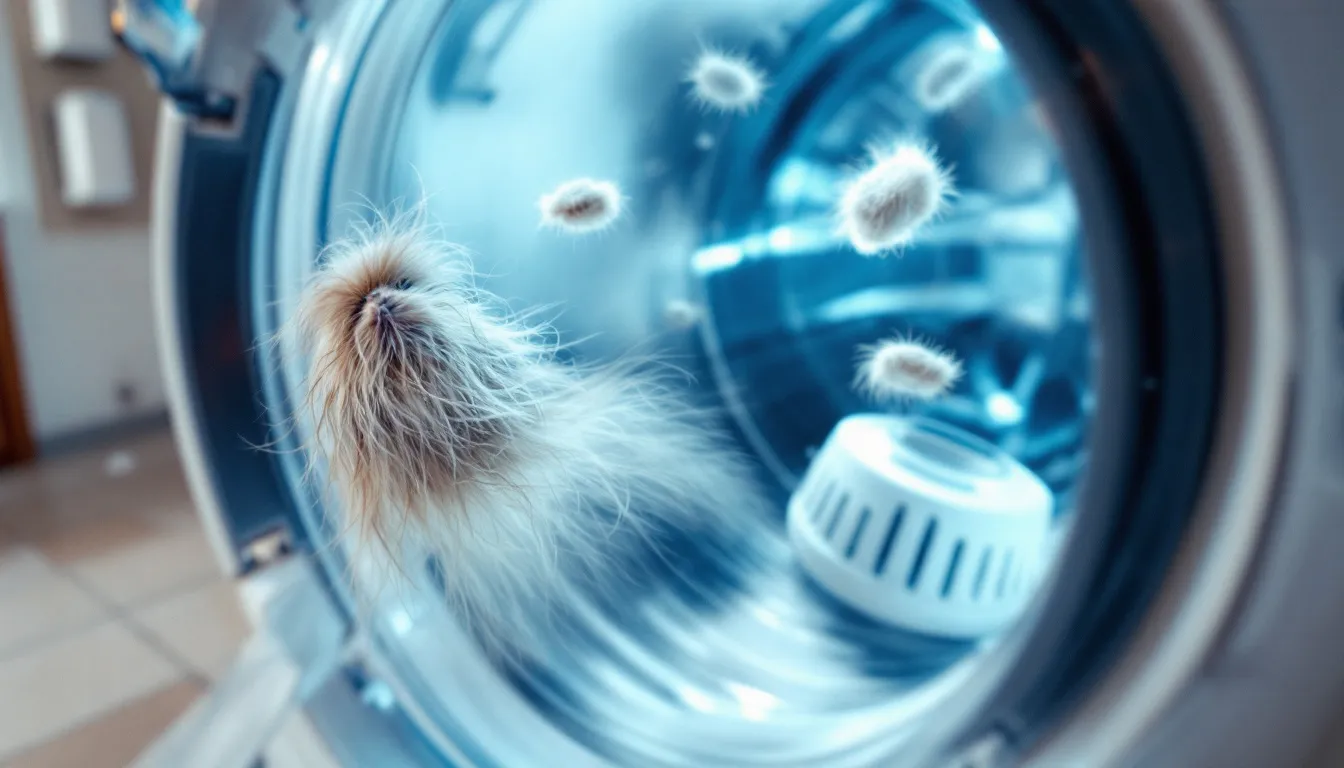 A washing machine is shown in the middle of a wash cycle, with pet hair catchers floating inside, designed to effectively remove dog hair and cat fur from clothing and other fabrics. These pet hair removers help reduce lint and debris, ensuring a fur-free laundry experience for pet parents.